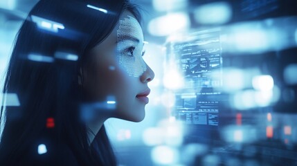 Woman viewing futuristic digital interface.