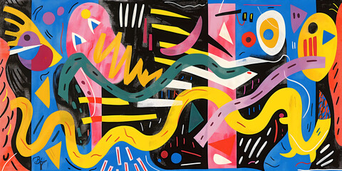 Abstract artistic composition in memphis style featuring vibrant colors, flowing lines, geometric shapes,dynamic contrasts, perfect for creative branding, modern designs, backgrounds,digital projects