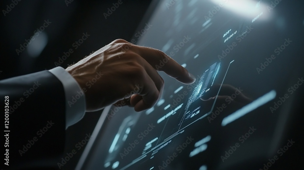 Poster close-up of a hand interacting with a futuristic touchscreen interface.