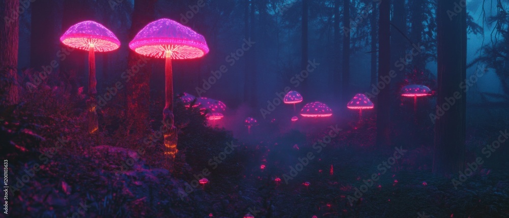 Poster enchanted forest illuminated by glowing mushrooms and mystical trees at twilight