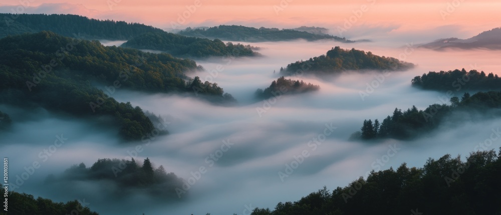 Poster Mystical forests enveloped in fog create an enchanting and mysterious atmosphere at dawn