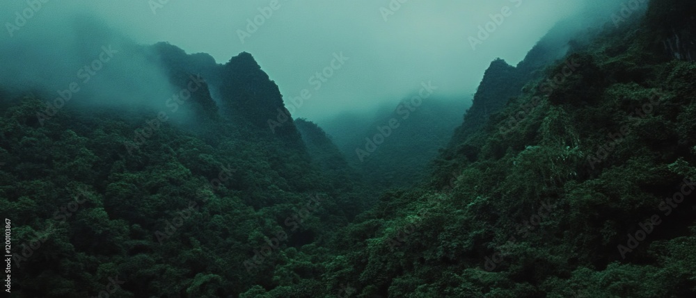 Poster mystical forest enveloped in fog reveals a serene and enchanting atmosphere at dawn