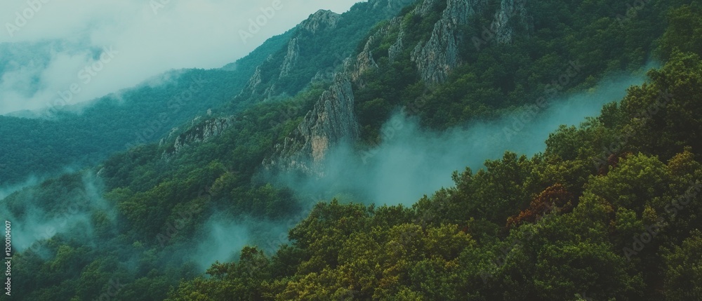 Fototapete Mystical forest enveloped in fog with rugged cliffs creating an enchanted atmosphere at dawn