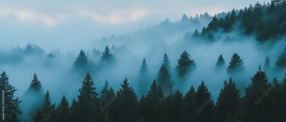 Poster mystical forests wrapped in fog create an enchanting atmosphere at dawn