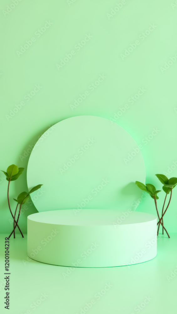 Poster pastel green minimalist product display with cylindrical platform and circular backdrop
