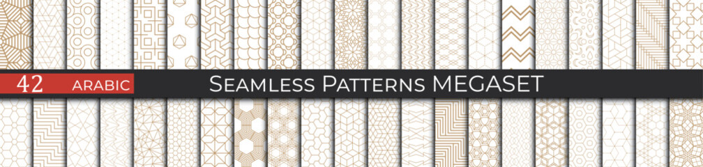 An Arabic-inspired set of seamless patterns with gold geometric designs on white, perfect for creating elegant and stylish backgrounds or templates.