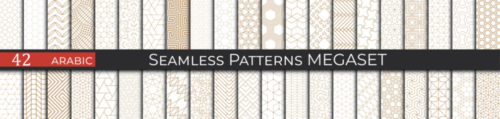 An Arabic-inspired set of seamless patterns with gold geometric designs on white, perfect for creating elegant and stylish backgrounds or templates.