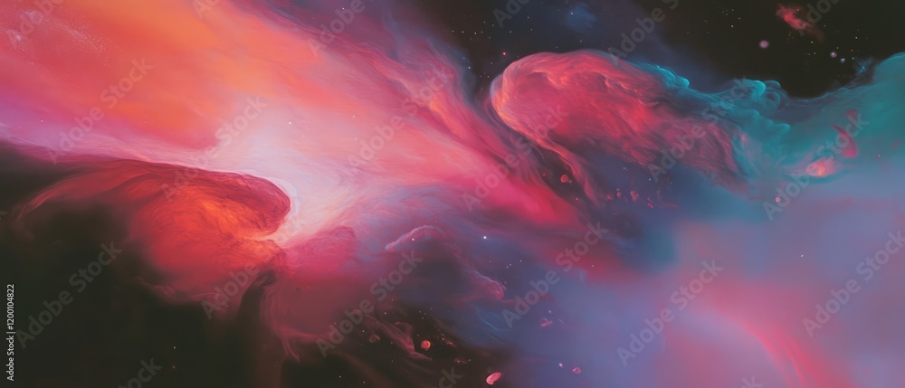 Poster swirling nebular gases create vibrant patterns in deep space with colors of red, blue, and purple