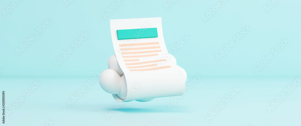 Poster floating document with a teal header and rests on a cluster of spheres against a light blue backgrou
