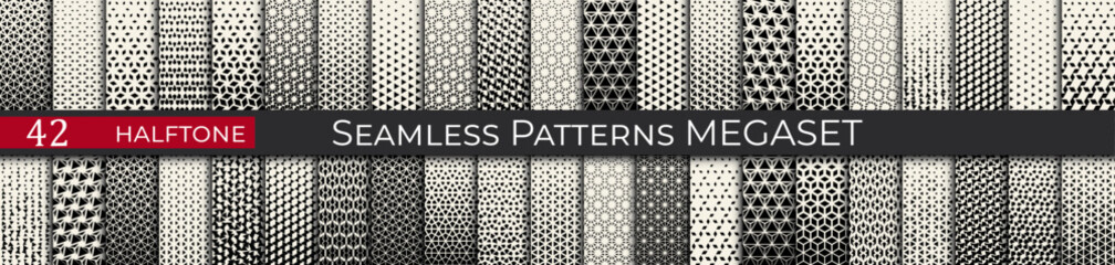 This seamless halftone pattern set includes 42 geometric black-and-white designs, ideal for modern and retro projects.
