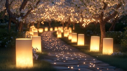 Illuminated pathway through blossoming trees at night.