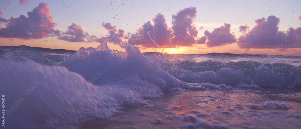 Poster ocean waves crash against the shore at sunset creating a vibrant display of surf and foam