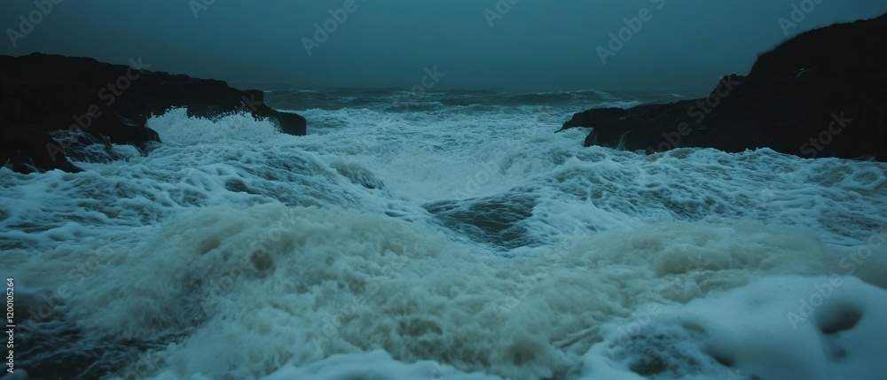 Poster ocean waves crashing against rocks under cloudy skies during twilight hours by the shore