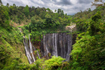A stunning Tumpak Sewu waterfall cascades through vibrant foliage, creating a picturesque landscape...