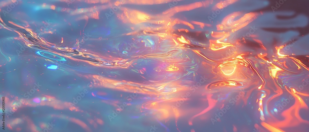 Poster oil slicks create mesmerizing iridescent patterns in a vibrant display of colors on calm water