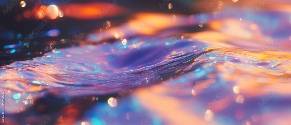 Poster iridescent oil slicks creating mesmerizing swirling patterns in water during sunset