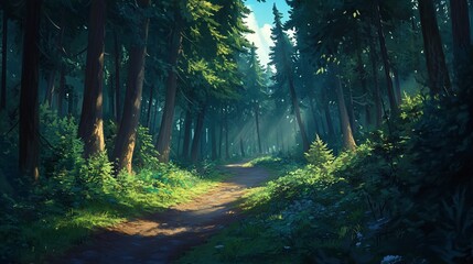 Sunlit path through a lush, green forest with tall trees and undergrowth.