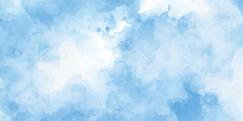 A blue and white watercolor painting with a blue sky background abstract blue color clouds background, Vibrant clear blue sky with puffy and blurry natural clear clouds, watercolor background
