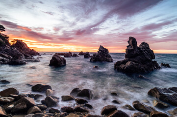 Colorful sunrise at the sea - Cala Frares, Costa Brava (Catalonia, Spain)
