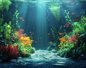Fototapeta premium Vibrant underwater scene with colorful coral reef, fish, and sunbeams.
