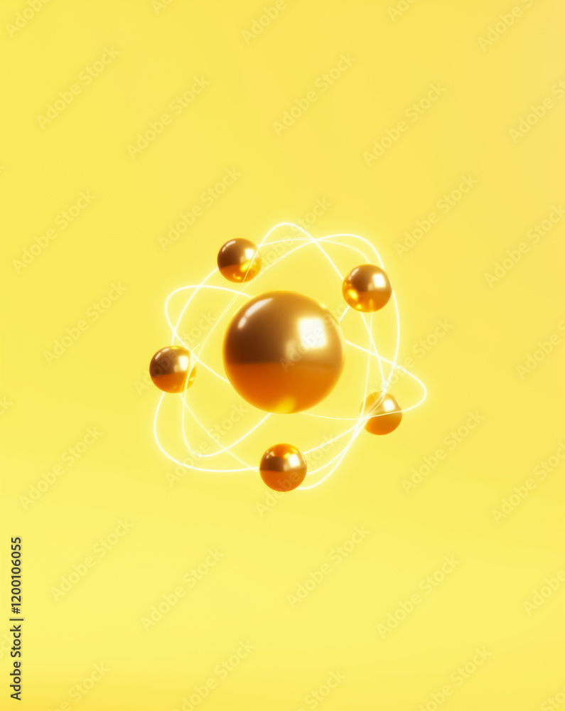 Poster abstract model of an atom with golden spheres orbiting around a central core