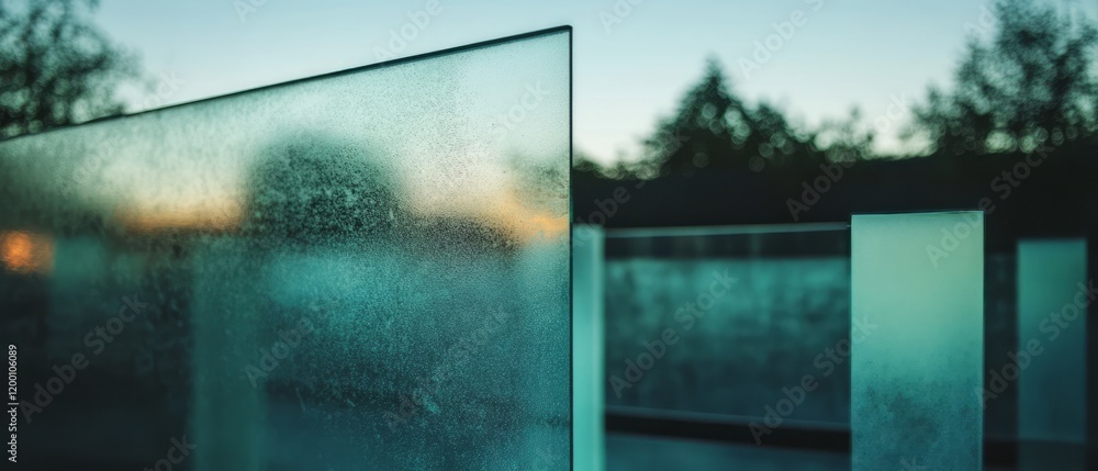 Poster frosted opaque glass panels reflect diffused light at dusk creating a serene atmosphere
