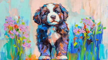 Adorable puppy portrait in vibrant floral setting, painted in expressive brushstrokes.