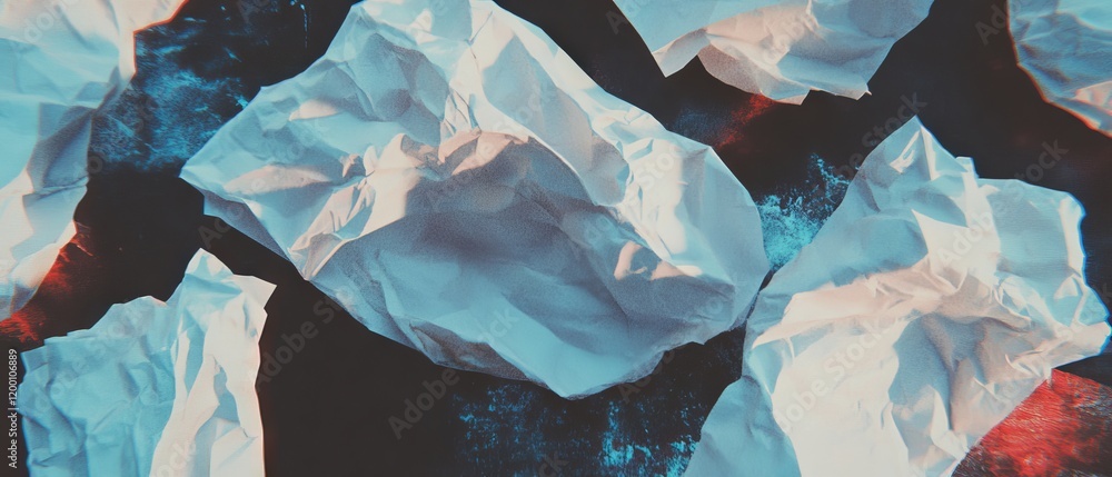 Poster Crumpled paper sheets scattered across a dark surface creating an artistic texture display