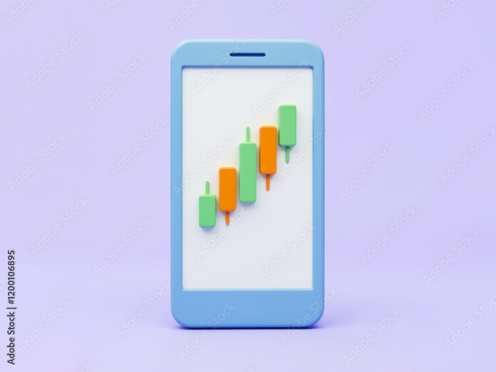 Poster 3d rendering of a smartphone displaying an upward-trending candlestick chart
