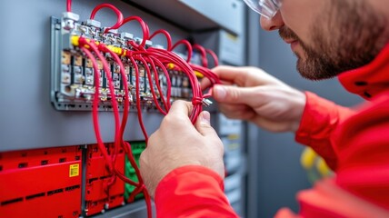 A technician connects red wires in a control panel, showcasing electrical work and precision in a professional setting.
