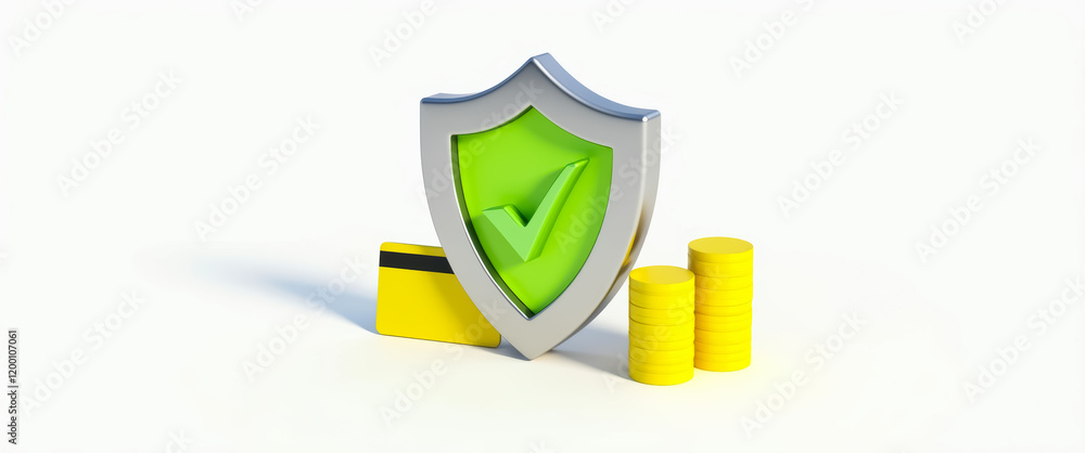 Poster 3d rendering of a protective shield with a credit card and coins symbolizing financial security