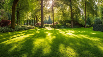 A Green Park Bathed in Morning Sunshine. Summer Splendor in the Heart of the Forest