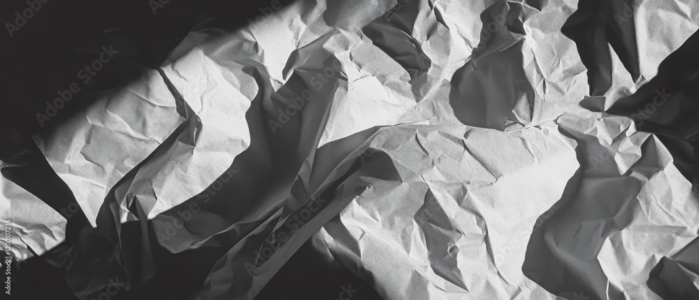 Poster Crumpled paper texture with torn edges showcasing intricate detail and depth in monochrome tones