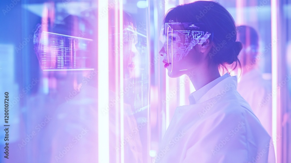 Poster woman in white coat interacts with futuristic holographic interface, displaying data and neural netw