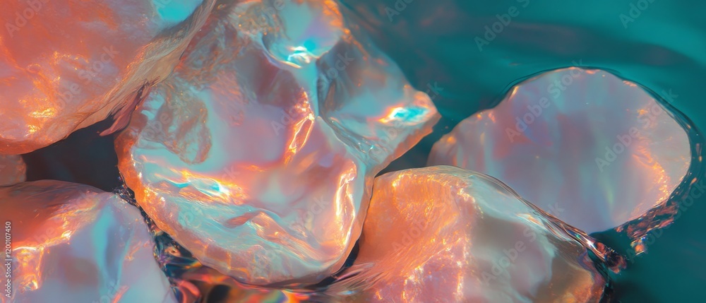 Poster capturing the iridescent sheen and subtle texture of pearl in serene surroundings