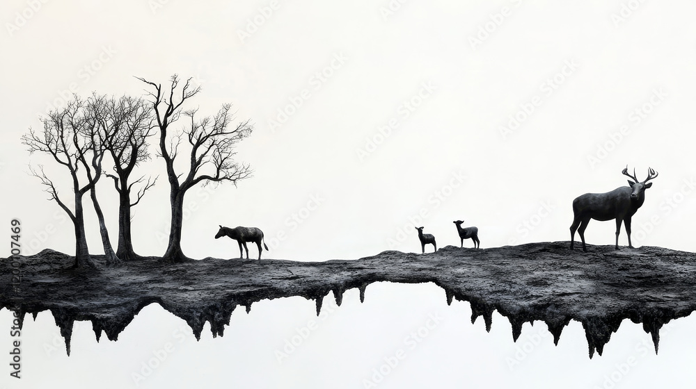 Poster floating island wildlife scene - a monochrome image depicting a floating island with trees, a zebra,