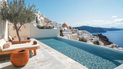 Luxury infinity pool overlooks the stunning landscape of Santorini under clear blue skies