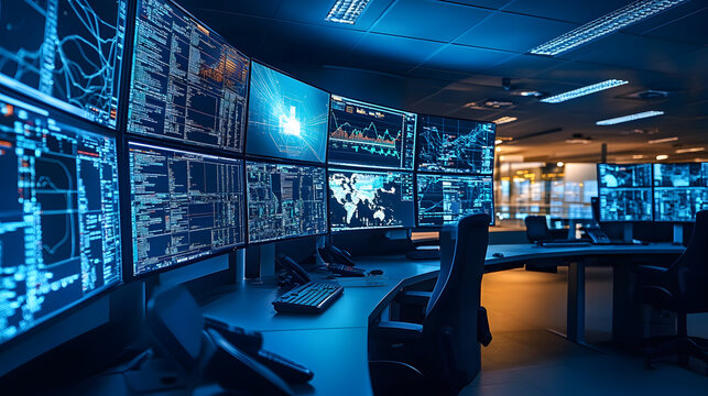 A high-tech underground control room, multiple curved screens show earthquake readings, satellite images, and global news in real-time, illuminated by a soft blue glow.