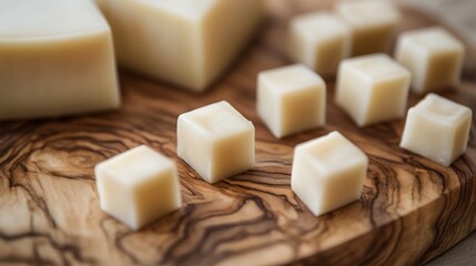 Close-up of cubed and block-shaped vegan cheese on olive wood board.
