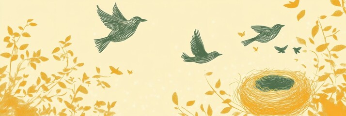 Obraz premium Birds flying over a nest surrounded by golden leaves and soft hues in a serene natural setting. Generative AI