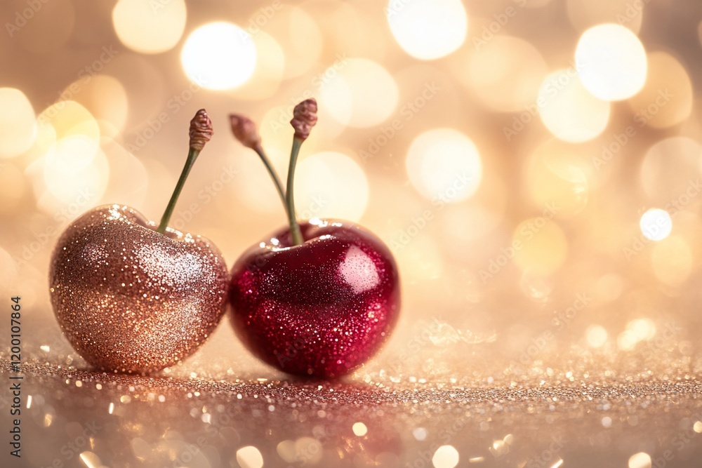 Poster two glittering cherries on a sparkling surface with bokeh lights.