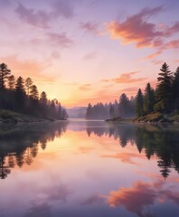 Fototapeta premium Soft abstract watercolor painting of a peaceful lake at sunset, wavy lines, calm atmosphere