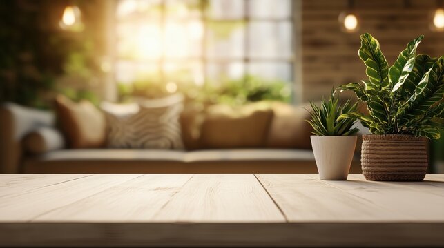 Cozy interior with sunlight streaming through windows and green plants on table