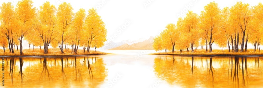 Poster golden autumn reflections - serene autumn landscape with golden trees reflected in a calm lake, crea