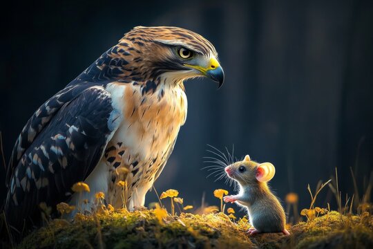 The Hawk and the Mouse, Predators in Nature Bird Stands Tall as Tiny Mouse Looks Upward - Powered by Adobe