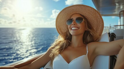 Woman relaxes on a cruise ship deck while enjoying the sunny ocean view and warm breeze