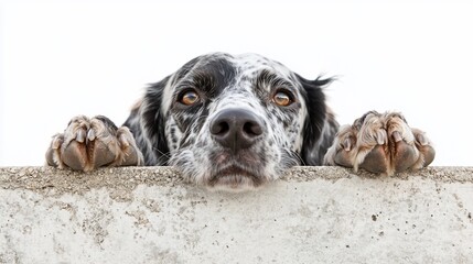 Curious dog peeking over a wall.