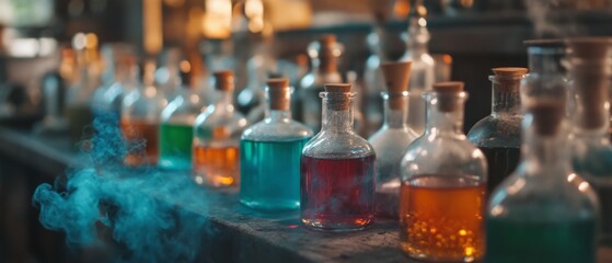 Colorful potion bottles filled with bubbling liquids create an enchanting atmosphere in a mysterious laboratory