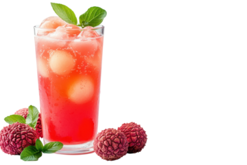 Refreshing summer beverage with lychee and mint served in a tall glass with ice