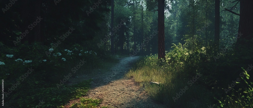 Leinwandbilder sunlight filters through trees along a tranquil forest path inviting peaceful exploration